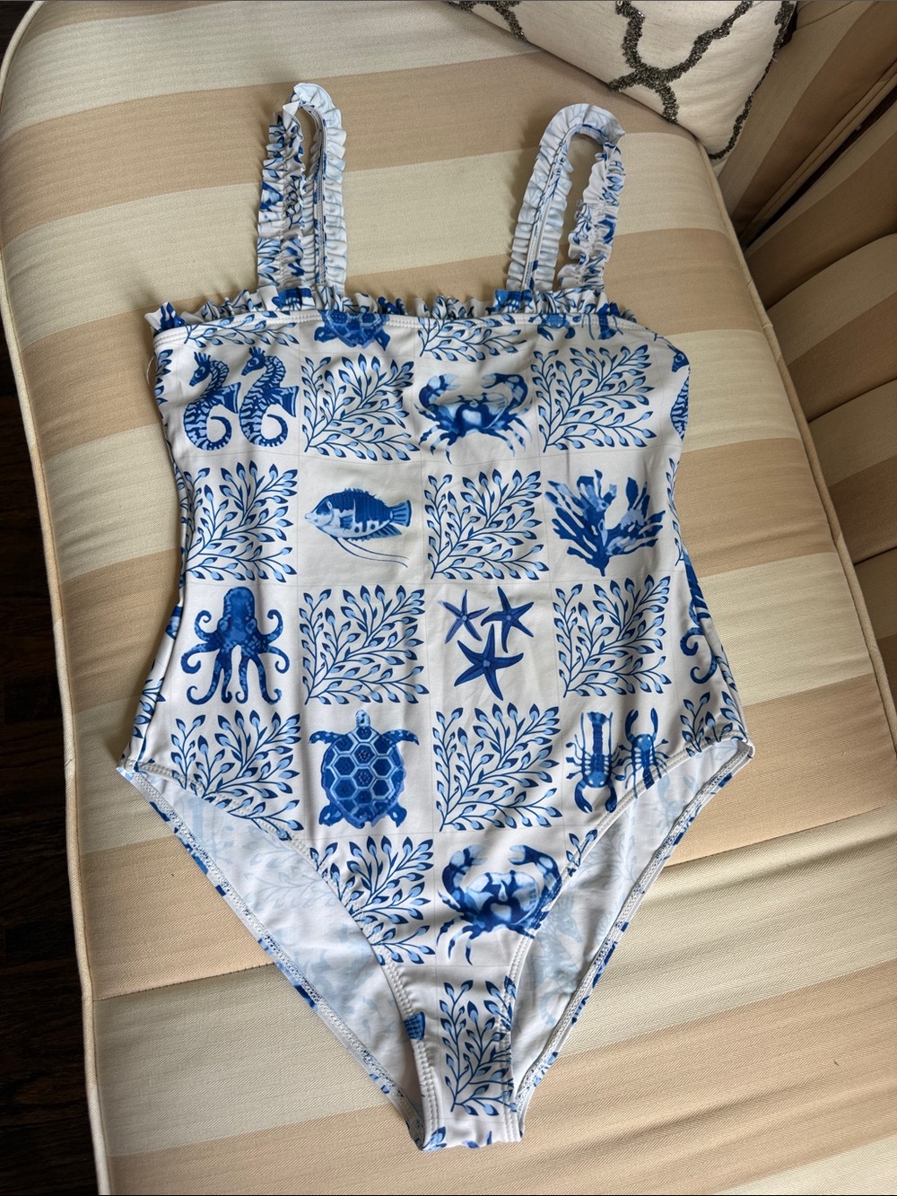 Blue & White Sea Life One-Piece Swimsuit + Matching Skirt